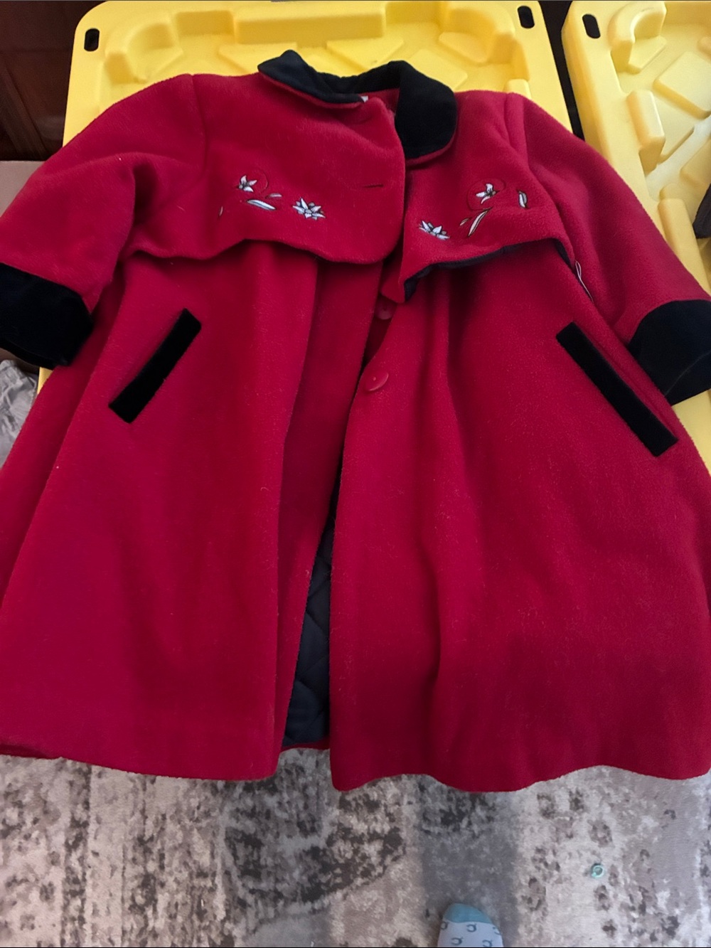 Girls Red Embroidered Swing Coat with Black Trim